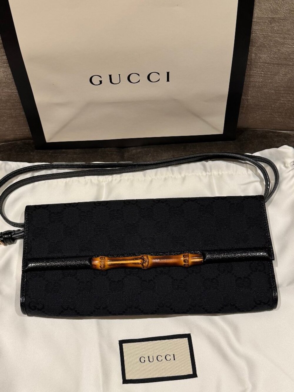 GUCCI Black GG Canvas Logo Vintage Clutch BAMBOO Y2K - Adjustable Strap